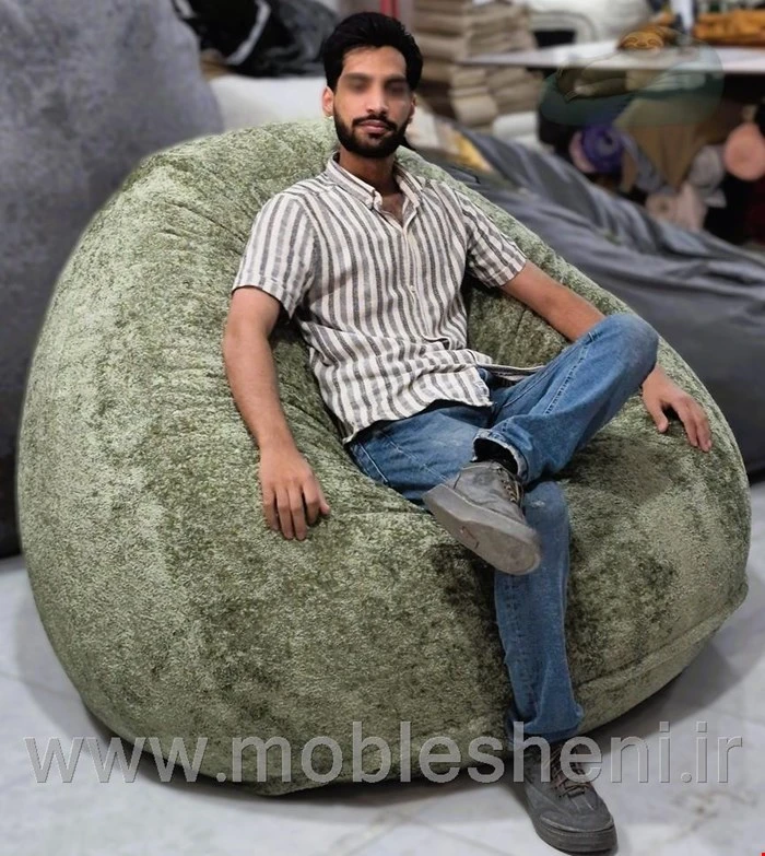 بین بگ الیافی مدل گلابی سایز ۱۳۰با پارچه تدی مبلی سبز پسته ای
