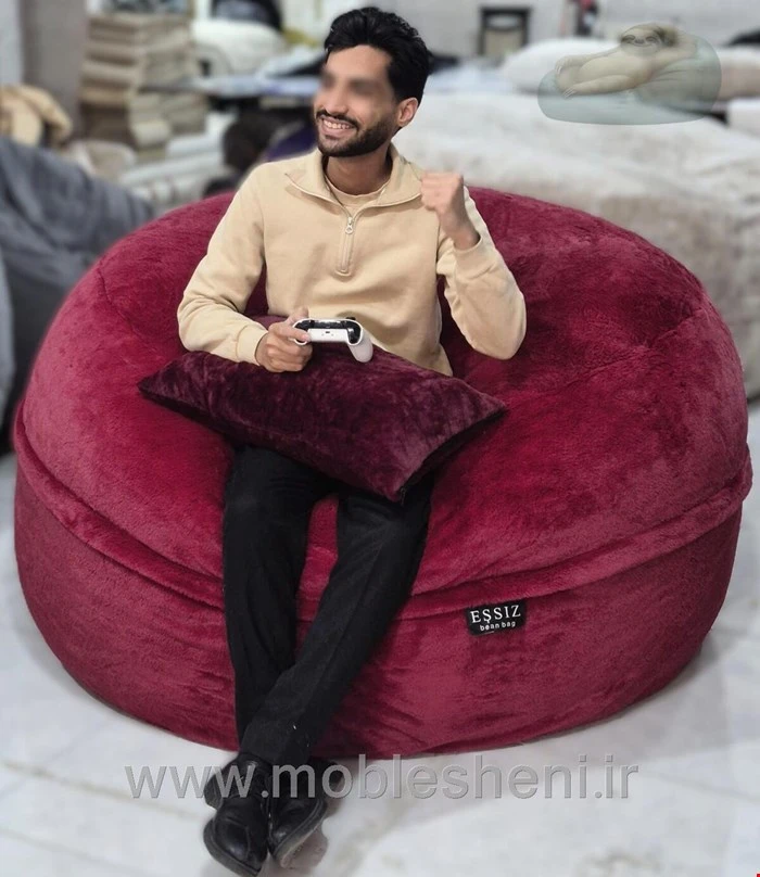 بین بگ الیافی گرد سایز ۱۴۰ با پارچه خز سوپرسافت رنگ زرشکی