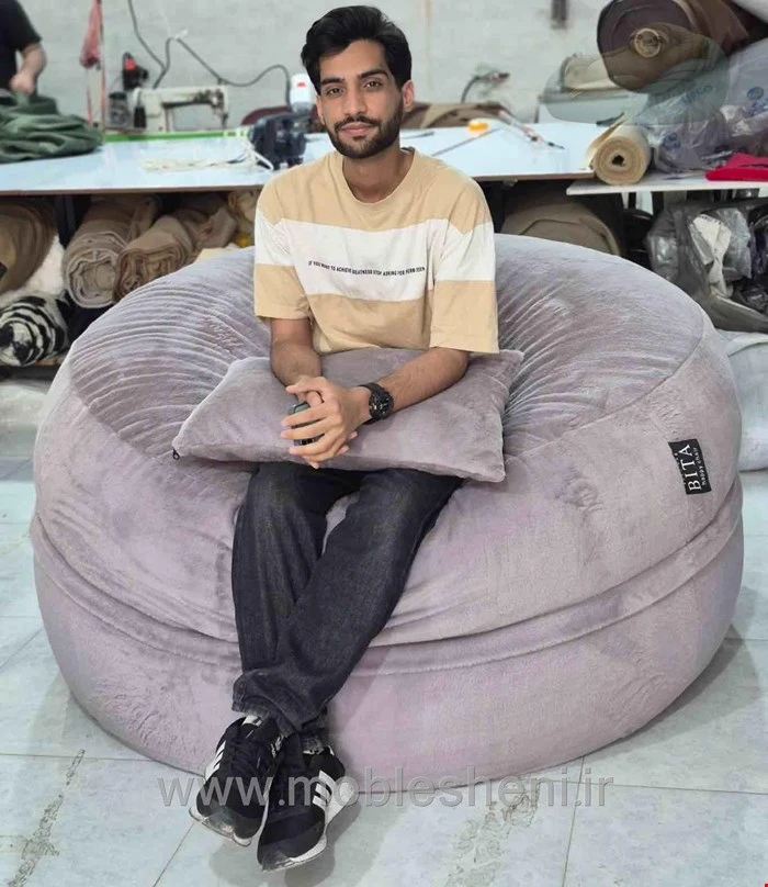 بین بگ الیافی گرد یک نفره سایز ۱۴۰ با پارچه تدی طوسی دلفینی