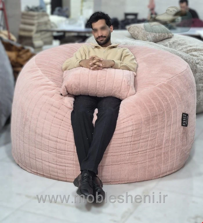 بین بگ الیافی گرد یک نفره سایز ۱۴۰ با پارچه خز سوپرسافت رنگ صورتی