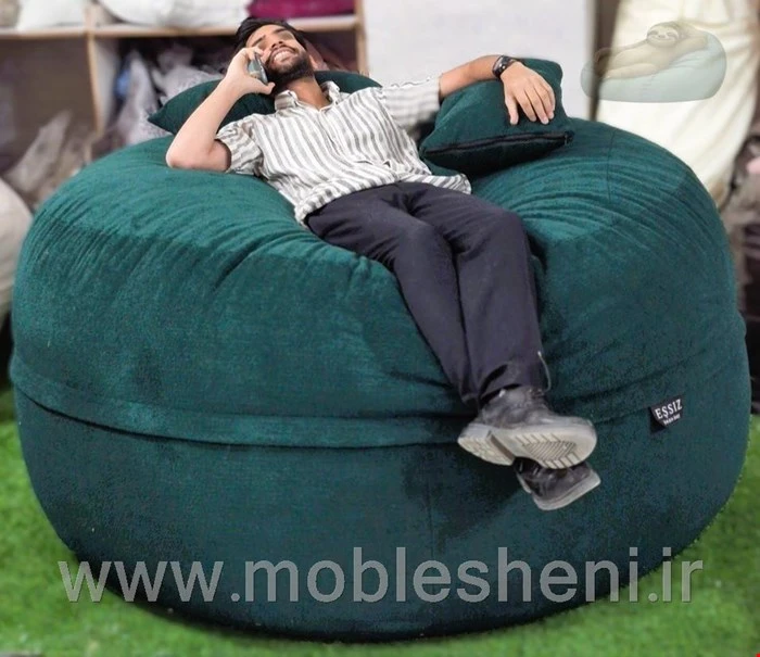 بین بگ دونفره الیافی گرد سایز ۱۶۰ با پارچه تدی مبلی سبز