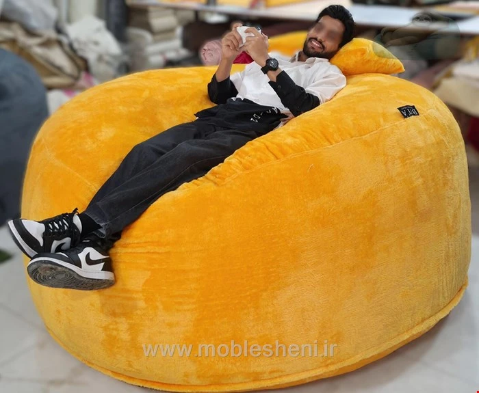 بین بگ گرد سایز ۱۶۰ الیافی با پارچه تدی رنگ خردلی