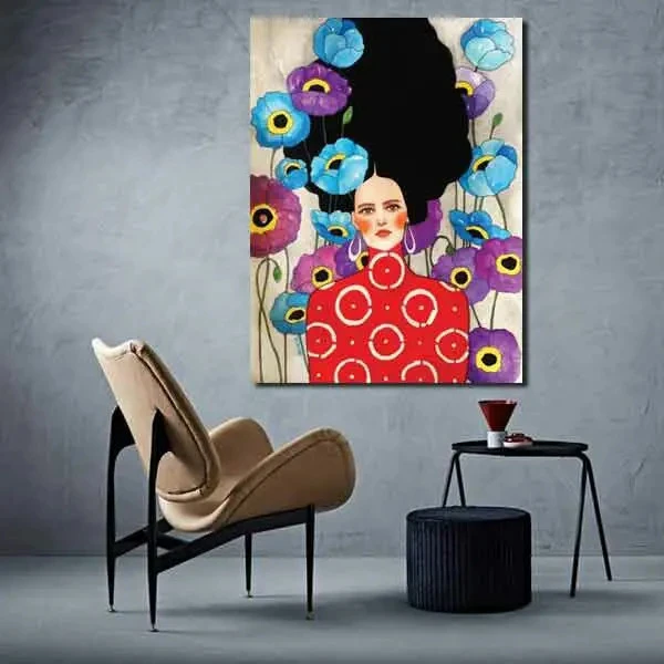 تابلو بوم چاپی رزبوم طرح نقاشی ترک زن و گل کد ART-1099