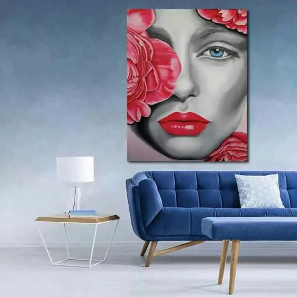 تابلو بوم چاپی لاویا طرح پرتره زن و گل کد ART-1040