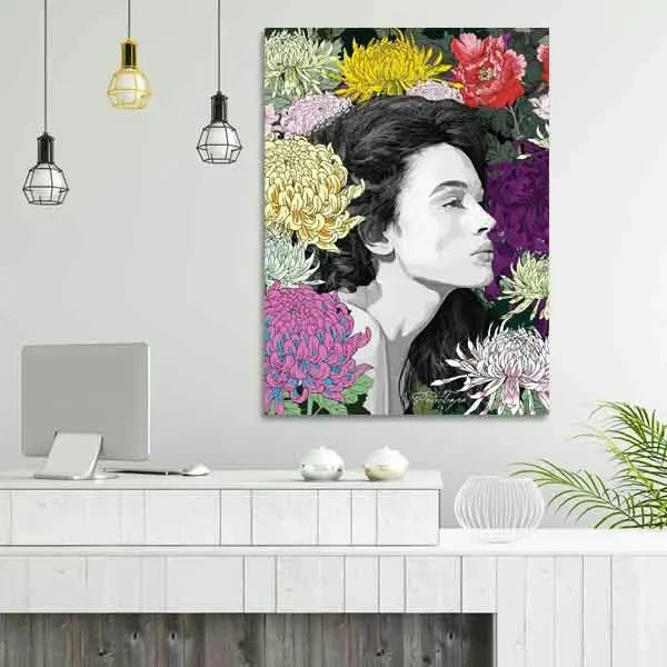تابلو بوم چاپی لاویا طرح پرتره زن و گل کد ART-1599