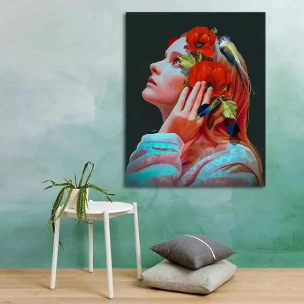 تابلو بوم چاپی لاویا طرح پرتره زن و گل کد ART-1638