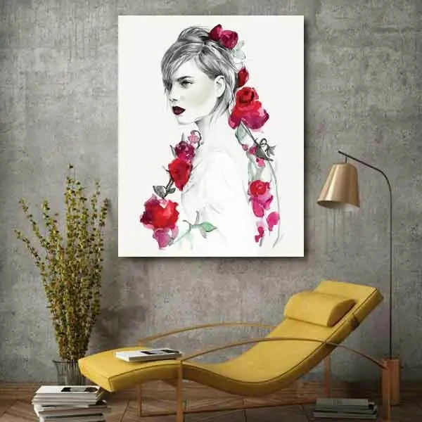 تابلو بوم چاپی لاویا طرح پرتره زن و گل کد ART-1732