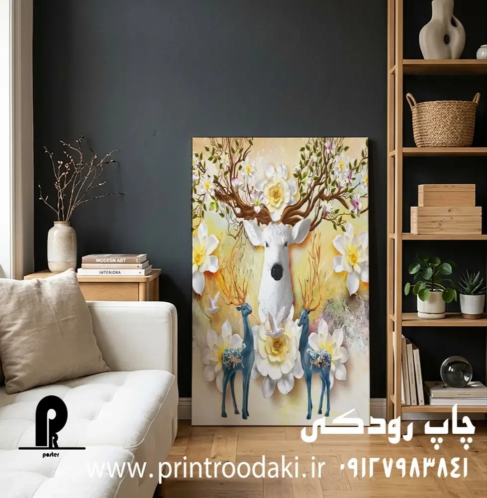 تابلو کنواس طرح گوزن شاخدار سفید