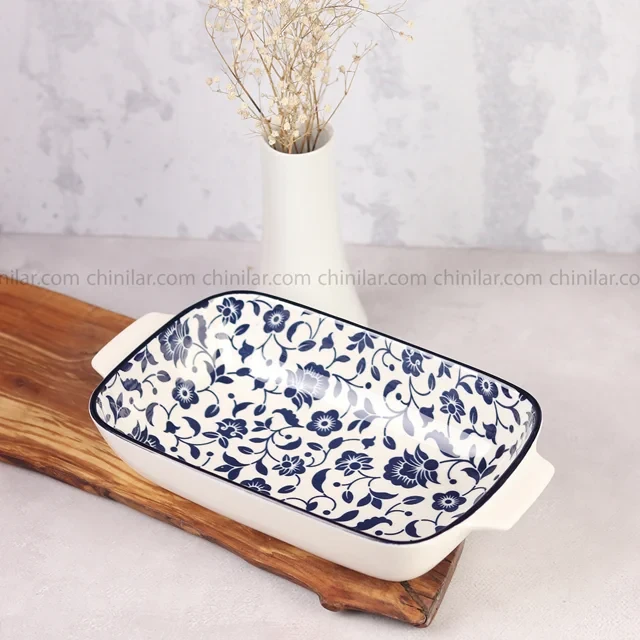 تابه مستطیل دو دسته پروتی طرح گل آبی