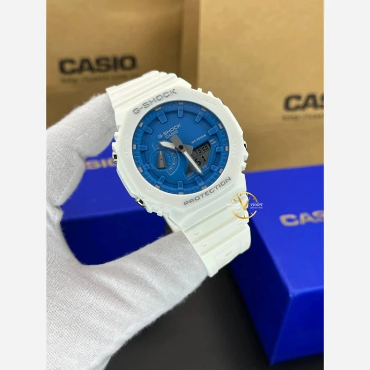 تخفیف ویژه + ساعت کاسیو جیشاک GA2100 صفحه آبی دور سفید بند سفید