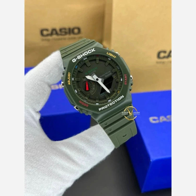 تخفیف ویژه + ساعت کاسیو جیشاک GA2100 صفحه سبز بند سبز شیک + جعبه رایگان
