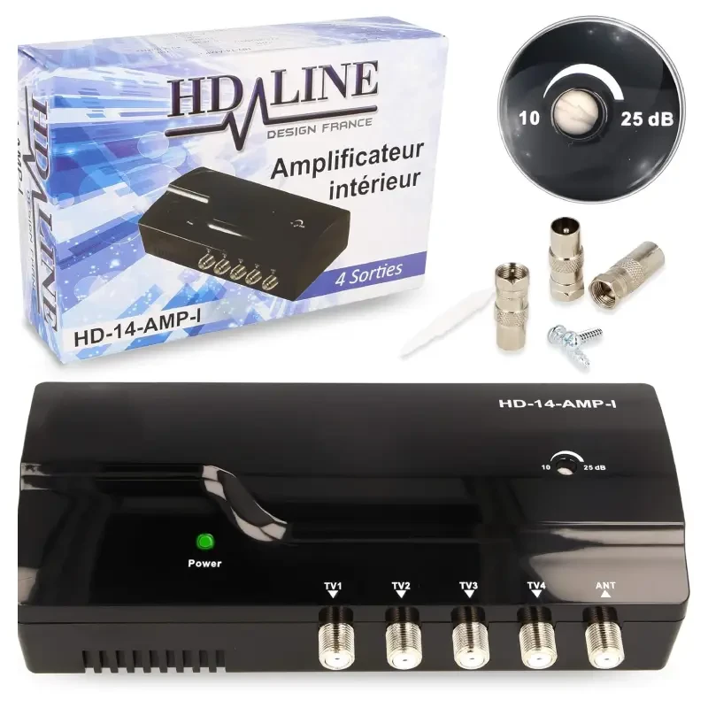 تقویت‌کننده سیگنال آنتن TVحرفه‌ای چهار کاناله HD-Line مدل HD-14 با منبع تغذیه ۱۲ ولت و تقویت سیگنال DVB-T مناسب مسیرهای طولانی کابل | آمازونیکس