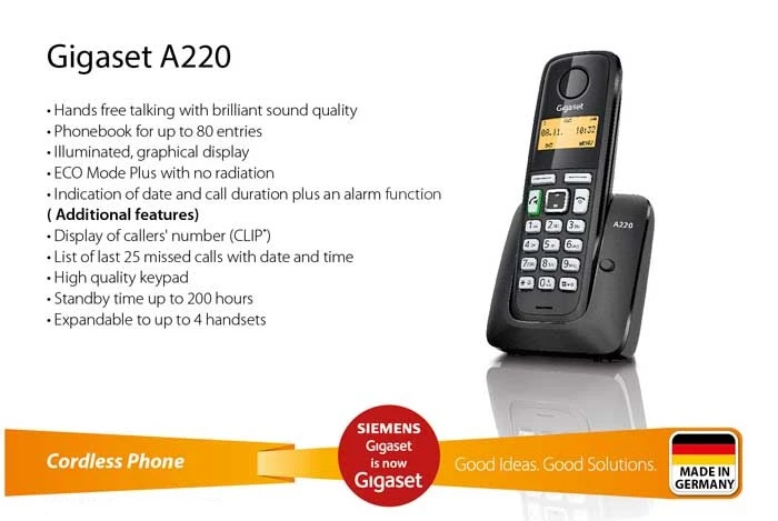 تلفن بی سیم گیگاست مدل Gigaset A220 استوک در حد نو با گارانتی 6 ماهه با کارتن