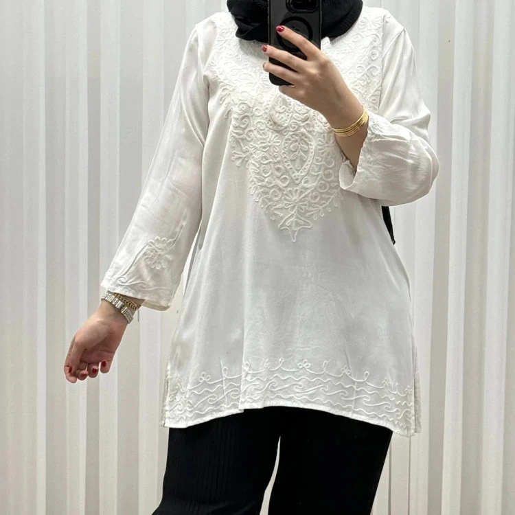 تونیک سفید نخی وارداتی زنانه کد 1280 چهارفصل تنخور شیک راحت سایز M XL
