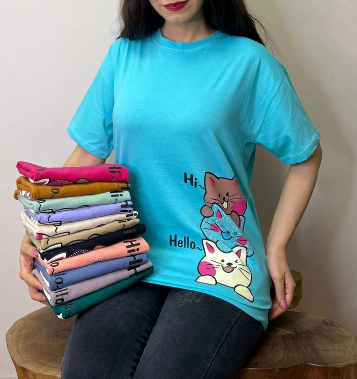 تیشرت زنانه و دخترانه طرح گربه Hi | فری سایز | ۱۲ رنگ