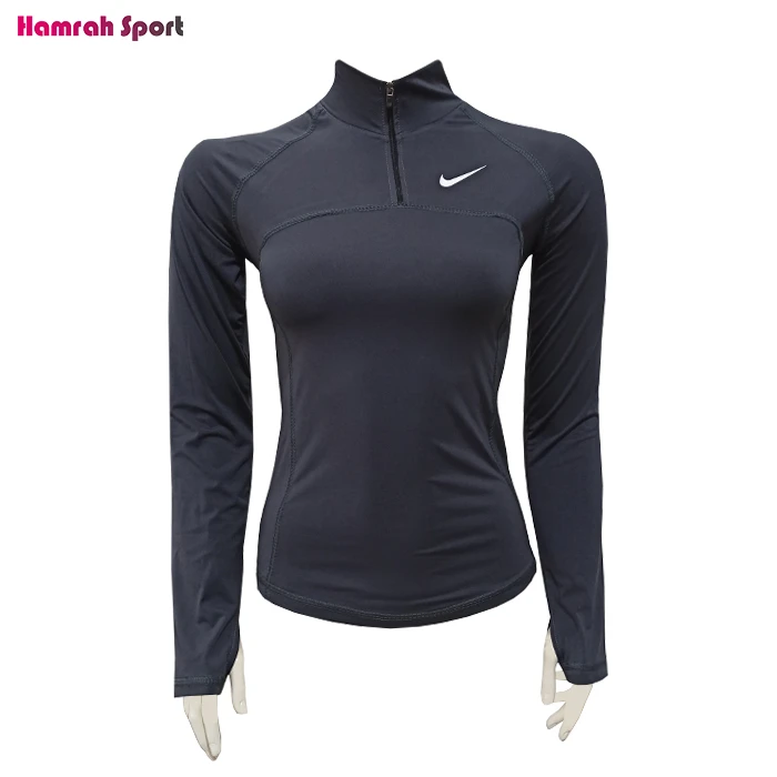 تیشرت ورزشی زنانه سایز بزرگ آستین بلند nike نیم زیپ انگشتی اعلا