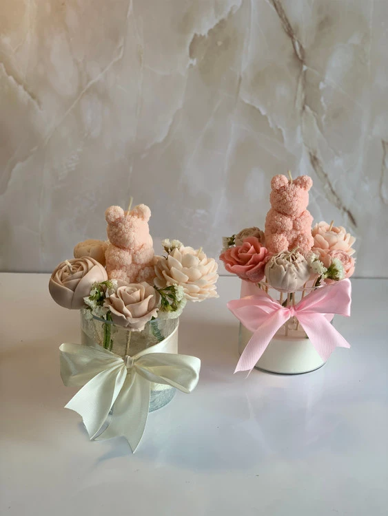جار شیشه ای شمع خرسی و گل