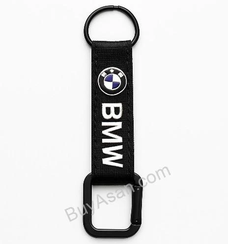 جاکلیدی و بند دستی کوتاه BMW مشکی با دو سر حلقه فلزی