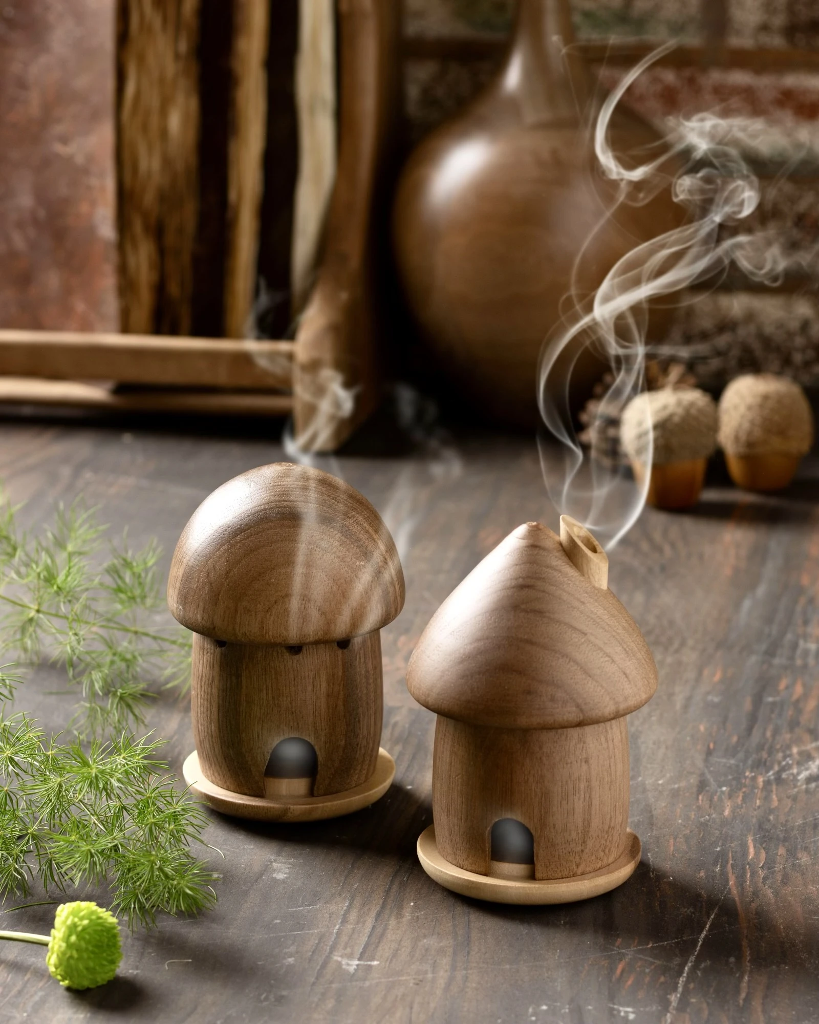 جای عود کلبه و قارچ چوبی دکوری اماهوم (چوب گردو) Incense