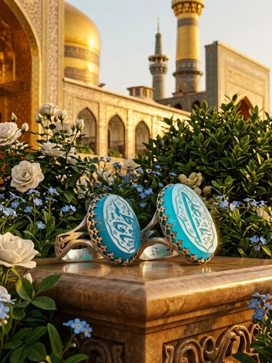 خرید ست انگشتر نقره زوجین یاعلی و یا فاطمه با سنگ عقیق آبی و رکاب نیزه | پیوندی از عشق، آرامش و معنویت کد 4178