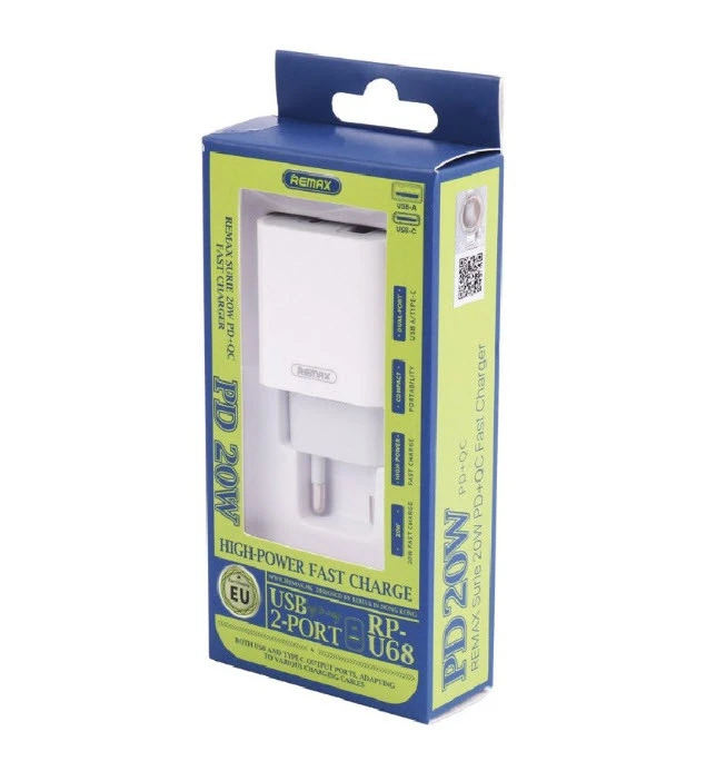 خرید عمده آداپتور شارژر 20 وات REMAX مدل RP-U68 – دو پورت Type-C و USB
