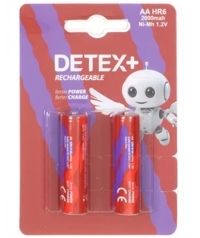 خرید عمده باطری شارژی قلمی +NI-MH 1/2V DETEX مدل AA HR6 2000mah - بسته دوعددی