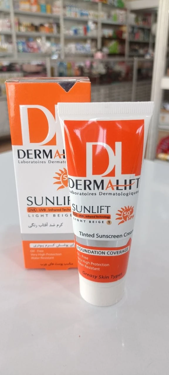 خرید کرم ضد آفتاب درمالیفت Sunlift SPF 50 رنگ بژ روشن ۱ برای پوست چرب فاقد چربی