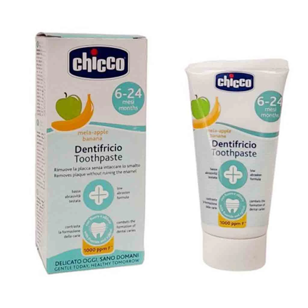خمیر دندان کودک ایتالیایی چیکو Banana & Apple Chicco با طعم سیب و موز مناسب 6 تا 24 ماه 50 میل