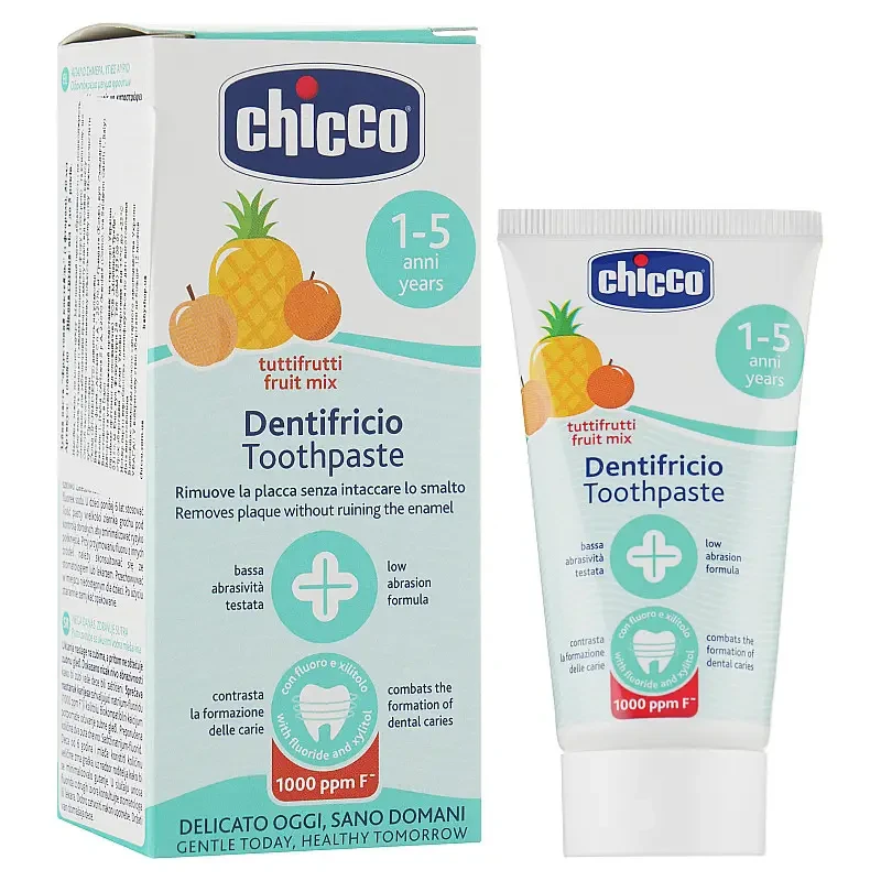 خمیر دندان کودک ایتالیایی چیکو Mixfruits Chicco با طعم آناناس و هلو و پرتقال 1 تا 5 سال 50 میل