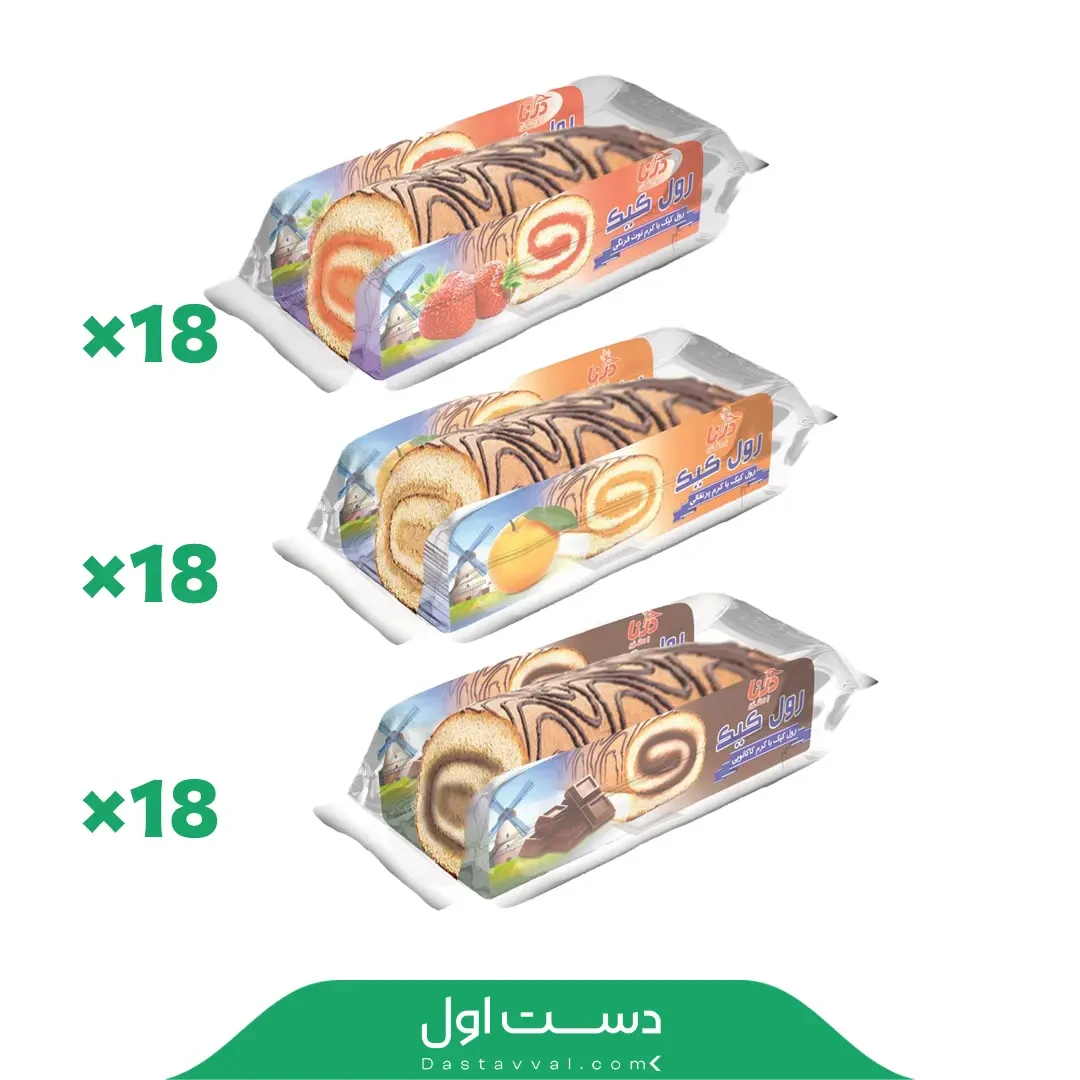 درنا رول با کرم کاکائو، پرتقالی، توت فرنگی – کارتن ۱۸ عددی