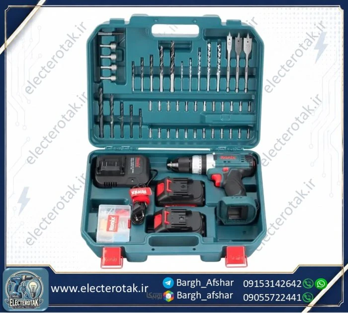 دریل شارژی رونیکس مدل RS-8619 اتوماتیک با ۲ باتری و کیت ۵۳ پارچه
