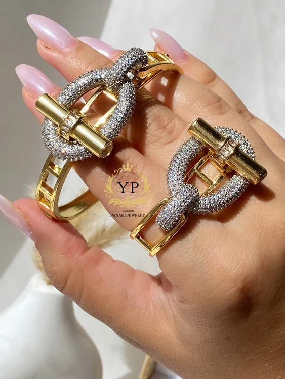 دست دستبند، انگشتر طرح طلای زنانه، مدل هرمس، نگین مخراجکاری، کد1214💍