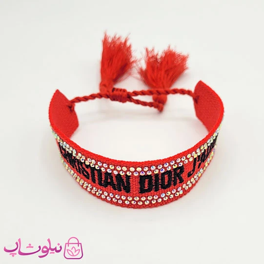 دستبند دخترانه پارچه ای کریستین دیور نگیندار قرمز مشکی کد 150