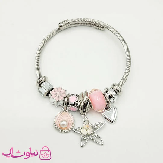 دستبند دخترانه پاندورا مدل صدف و ستاره نقره ای کد 1388