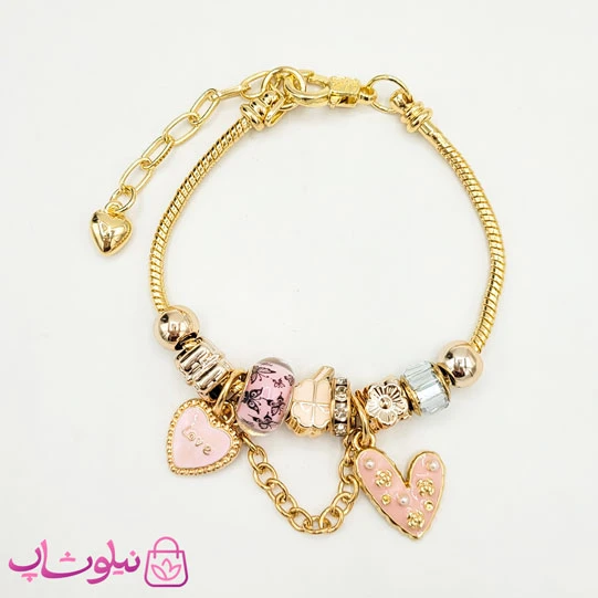 دستبند دخترانه پاندورا مدل قلب صورتی زنجیردار کد 1388