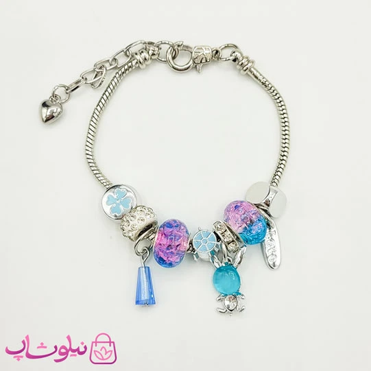 دستبند دخترانه پاندورا نرم استیل نقره ای آبی کد 1388
