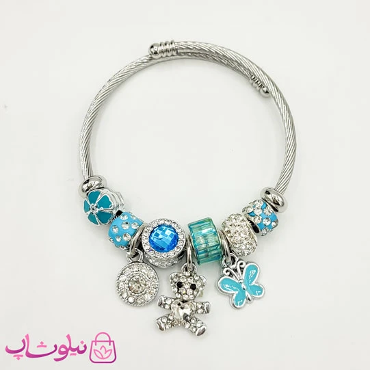 دستبند دخترانه پاندورا نقره ای آبی مدل خرس کد 1388