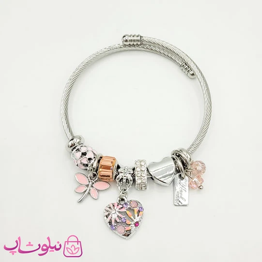 دستبند دخترانه پاندورا نقره ای مدل پروانه و قلب کد 1388