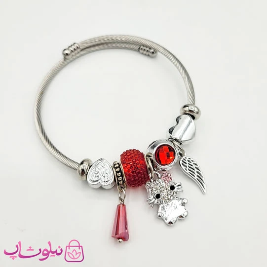دستبند دخترانه پاندورا نقره ای و قرمز
