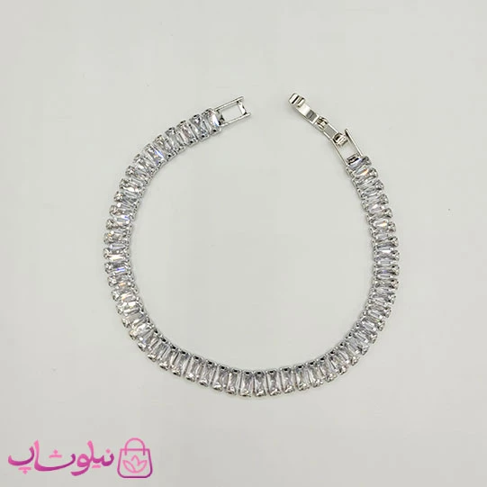 دستبند زنانه تنیسی مدل نقره ای نگین باگتی سفید کد 350