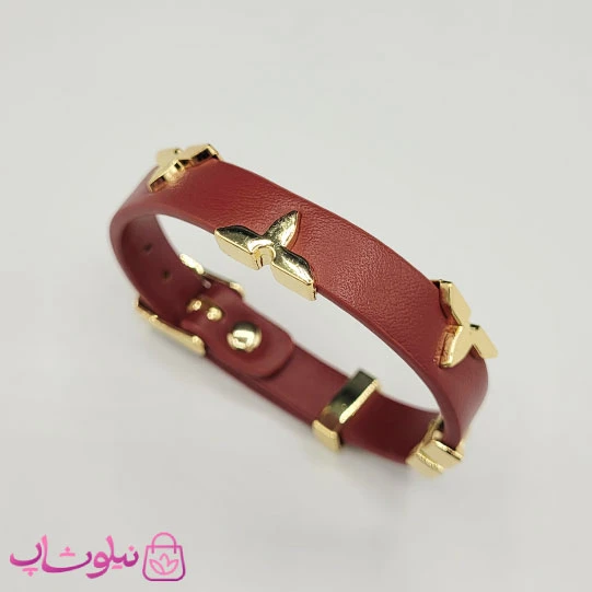 دستبند زنانه لویی ویتون مدل چرم استیل زرشکی کد 500
