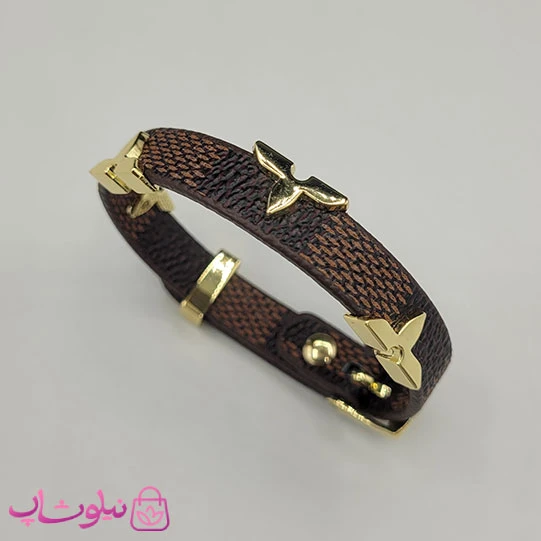 دستبند زنانه لویی ویتون مدل چرم استیل قهوه ای تیره طرحدار کد 500