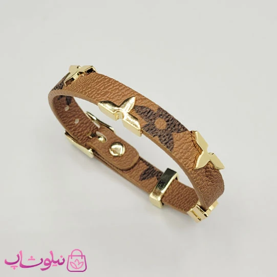 دستبند زنانه لویی ویتون مدل چرم استیل قهوه ای روشن طرحدار کد 500