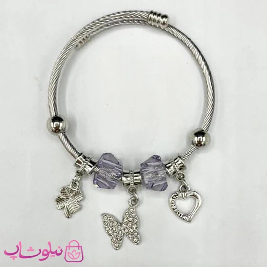 دستبند زنانه پاندورا طرح پروانه بنفش نقره ای کد 75