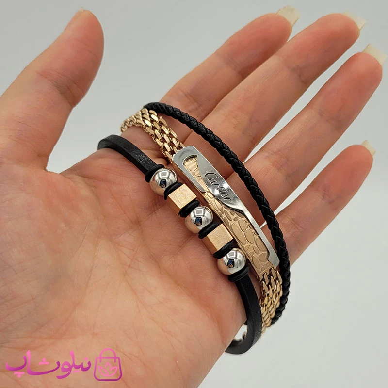 دستبند مردانه سه ردیفه چرم استیل کد 1053-3