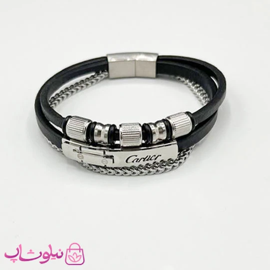 دستبند مردانه طرح کارتیر چرم سه لاین مشکی نقره ای کد 220