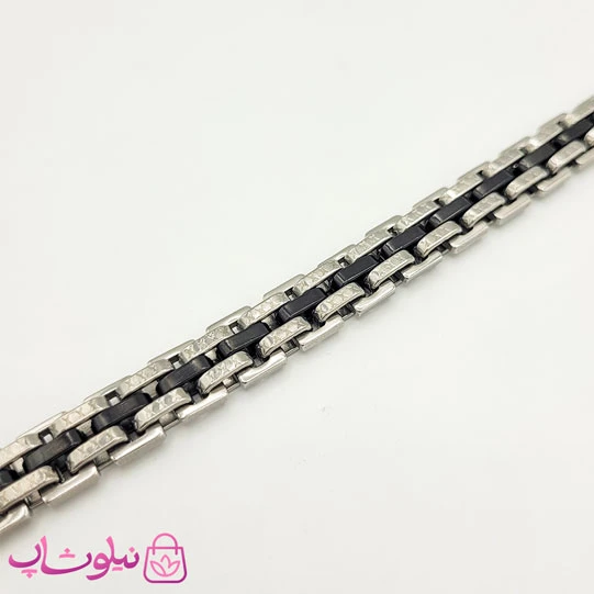 دستبند مردانه نقره ای مشکی استیل کد 145