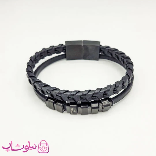 دستبند مردانه چرم استیل رولکس مشکی دولاین کد 370