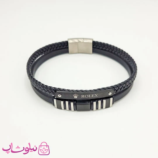 دستبند مردانه چرم استیل رولکس مشکی نقره ای کد 370