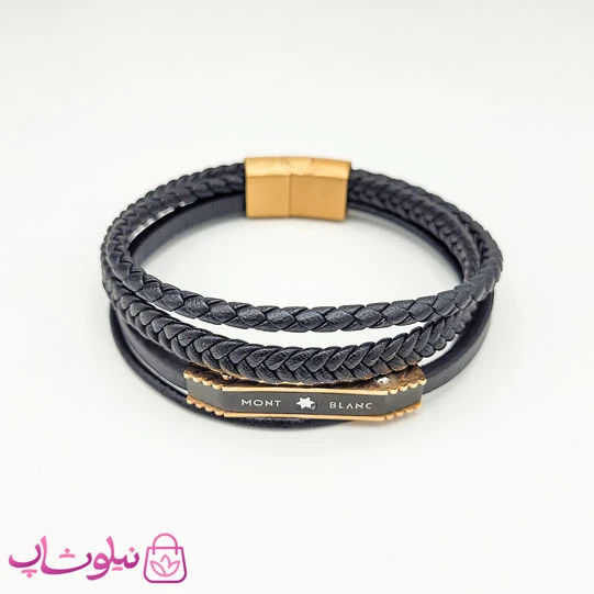 دستبند مردانه چرم استیل مون بلان مشکی رزگلد کد 330